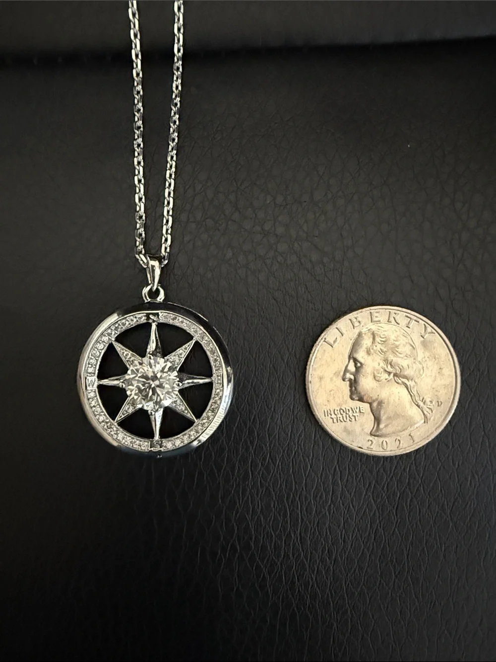 18K White Gold Plated Star Compass 2 CTW Moissanite Pendant Necklace NEW in Box